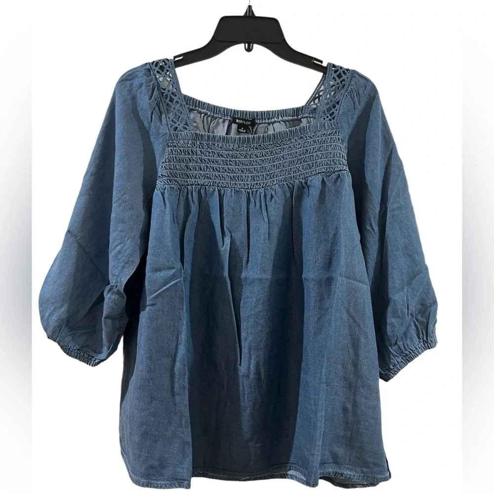 Robert Louis Blue Denim- Look 3/4 Sleeve Smocked Top